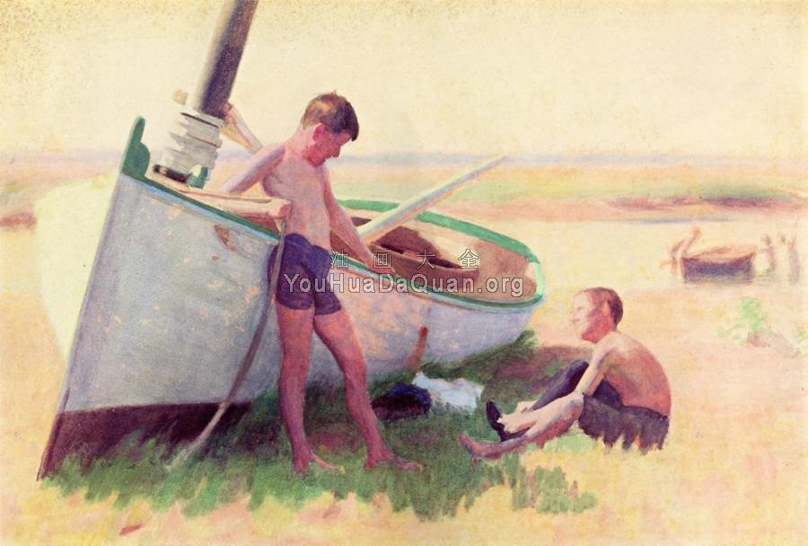 Two Boys by a Boat Near Cape May - 托马斯·波洛克·安舒茨